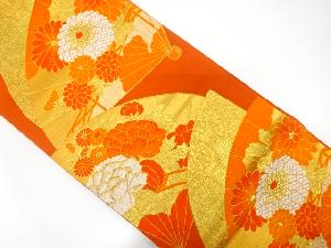 アンティーク　扇に菊・牡丹模様織出し袋帯（着用可）